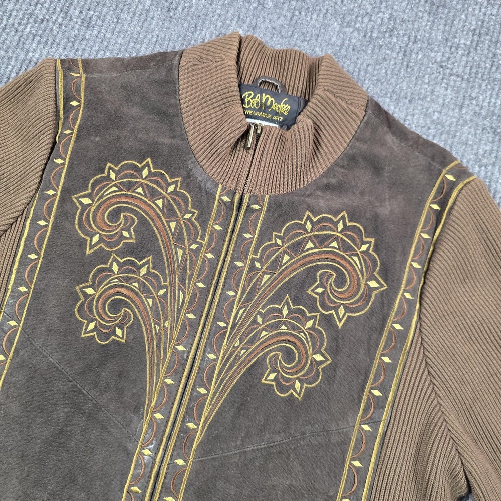 Bob Mackie Jacket Womens XL Brown Leather Wearable Art Embroidered Floral Zip